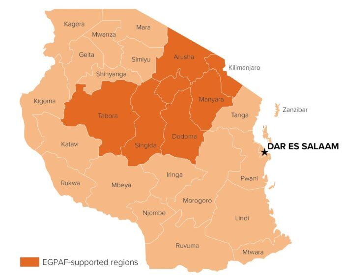 Map of Tanzania highlighting the Arusha, Kilimanjaro, Manyara, Dodoma, Singdia, Tabora provinces where EGPAF-Tanzania works