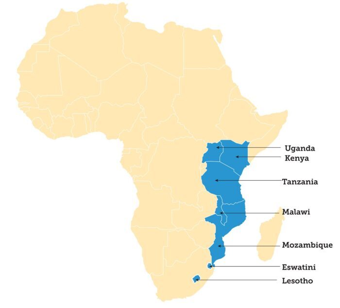 Countries where EGPAF is implementing cervical cancer programming.